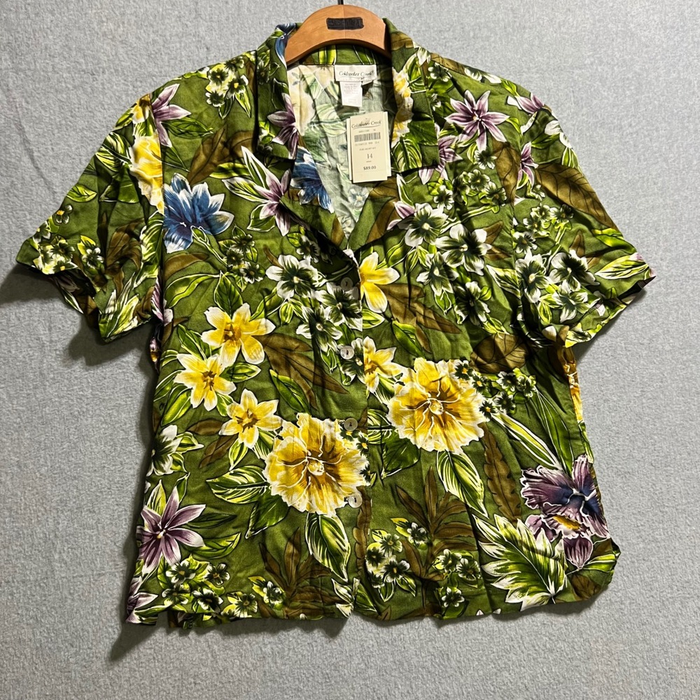 Coldwater Creek Womens 14 Tropical Floral Rayon Button Up Blouse Green NWT